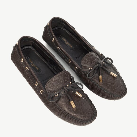 Louis Vuitton Gloria Brown Monogram-Embossed Leather Flat Loafers - Picture 1 of 14
